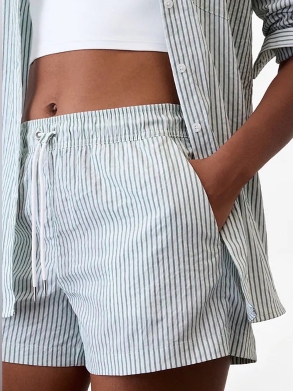 Green Striped Poplin Shorts